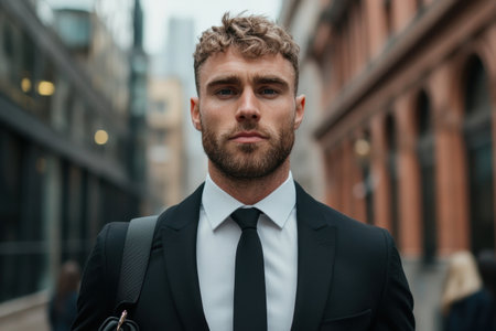 Serious businessman with beard and suit in urban settingの素材