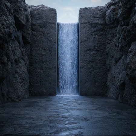 Dramatic waterfall cascading through rocky canyonの素材