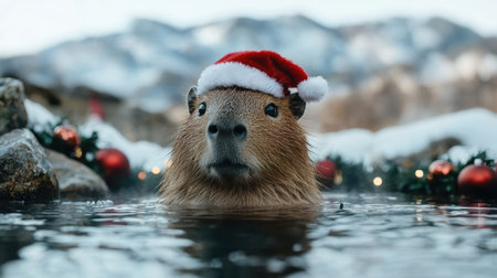 cute capybara in santa hat swimming in snowy mountain pondの素材