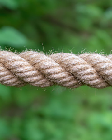 Close-up of a twisted rope against a blurred green backgroundの素材