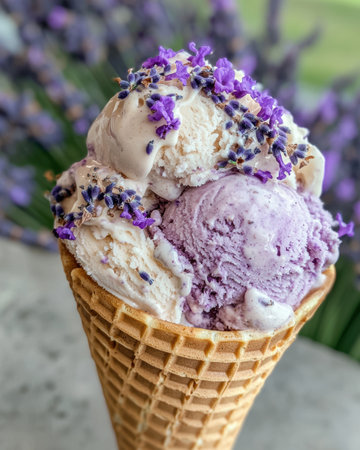 Delicious lavender ice cream in a waffle coneの素材