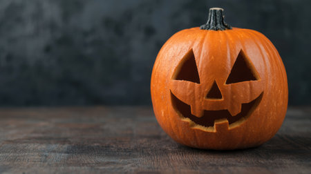 Carved Halloween pumpkin on wooden tableの素材
