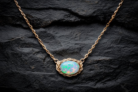 Elegant gold necklace with opal pendant on dark slate backgroundの素材