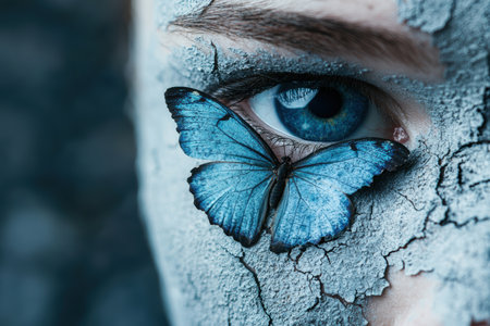Enchanting blue butterfly on cracked surface near eyeの素材