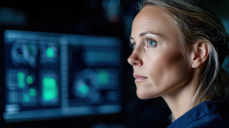 Focused woman examining computer screensの素材