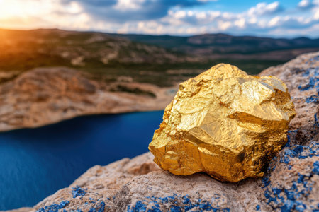 Glittering golden nugget overlooking scenic mountain lakeの素材