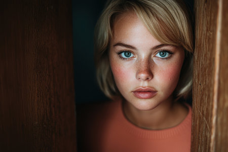 Thoughtful young woman with blue eyes and frecklesの素材