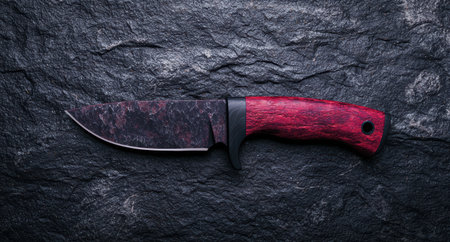 Unique handcrafted hunting knife with red wooden handleの素材