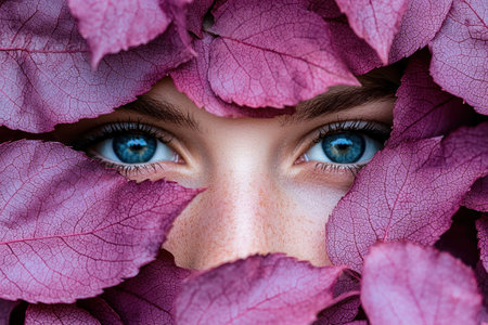 Mysterious blue eyes peeking through vibrant pink leavesの素材
