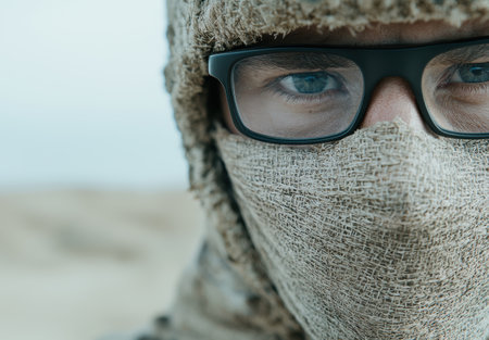 close up of a person's eyes behind glassesの素材