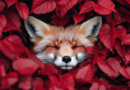 Peaceful red fox resting in autumn leavesの素材