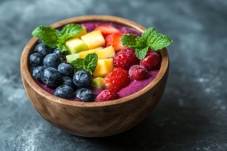 Healthy fruit salad in wooden bowlの素材