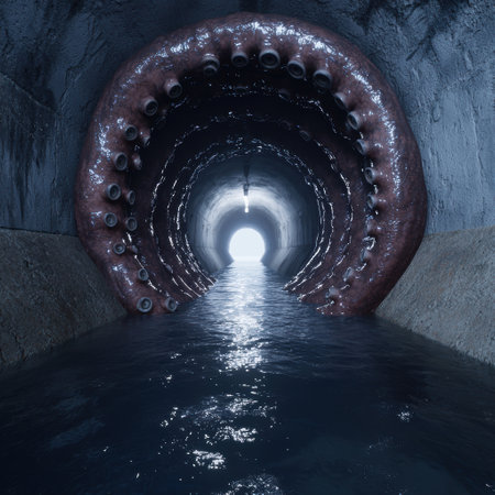 Mysterious underwater tunnel with glowing light at the endの素材