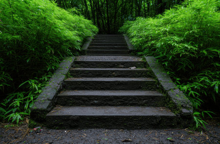 Lush green forest path with stone steps leading upwardsの素材
