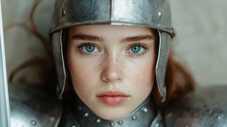 Intense gaze of a young woman in a metal helmetの素材