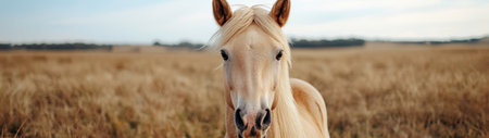 Majestic white horse in golden fieldの素材