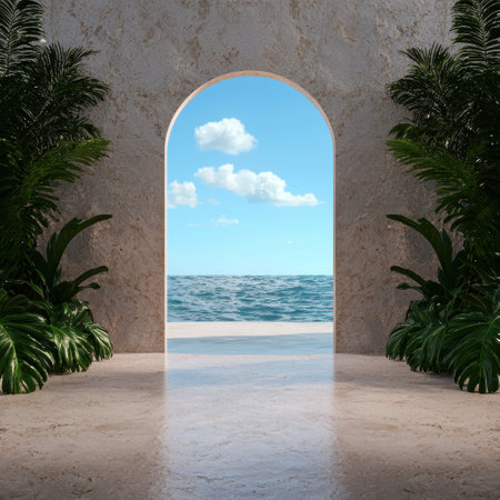 Tropical paradise ocean view through stone archwayの素材