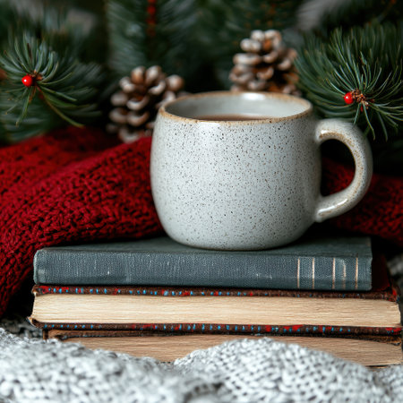 cozy winter scene with ceramic mug and booksの素材
