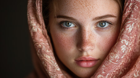 Mysterious woman with striking blue eyes and frecklesの素材