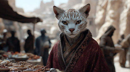 Mysterious feline merchant in traditional robesの素材
