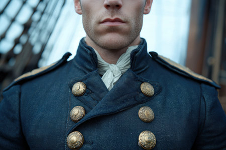 Close-up portrait of a man in historical military uniformの素材