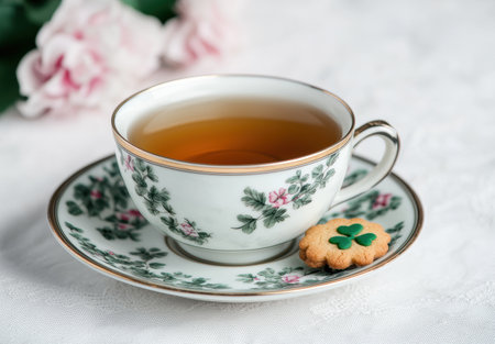 Cozy tea time with floral teacup and cookieの素材