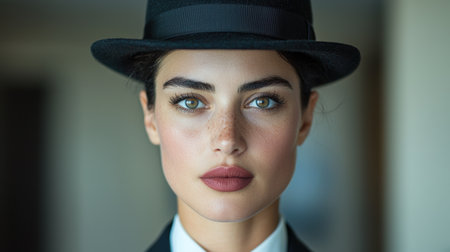 Elegant woman in black hat with serious expressionの素材
