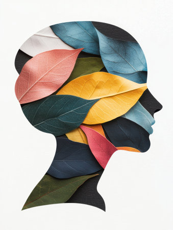 Colorful abstract portrait made of autumn leavesの素材