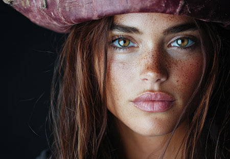 Captivating woman with striking eyes and frecklesの素材