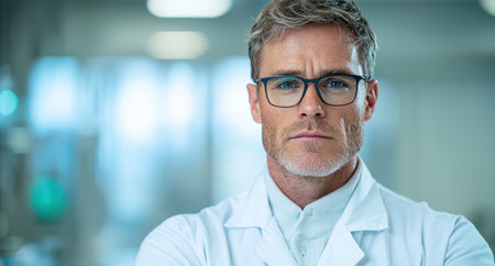 Serious middle-aged doctor in white coat and glassesの素材