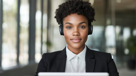 young professional woman wearing headphones and working on laptopの素材