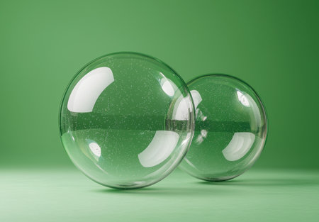 Transparent glass spheres on green backgroundの素材