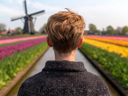 person admiring colorful tulip field with windmillの素材