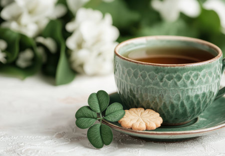 cozy cup of tea with shamrock and cookiesの素材