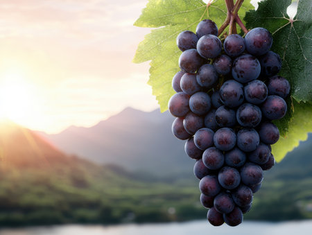 Ripe purple grapes on the vine with mountain landscapeの素材