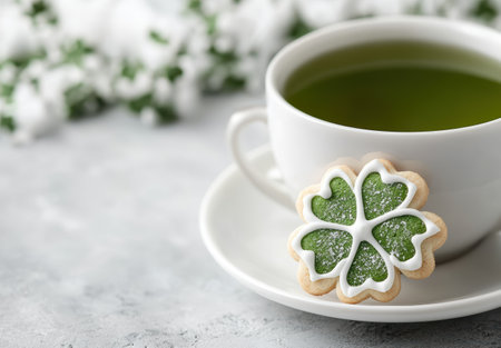 green tea and shamrock-shaped cookies on a snowy backgroundの素材