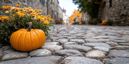 Autumn scene with pumpkin and flowers in an old townの素材