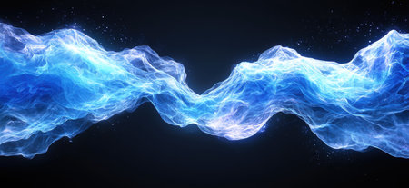 Ethereal cosmic landscape with glowing blue energy wavesの素材