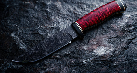 Sleek and sharp hunting knife on dark slate backgroundの素材