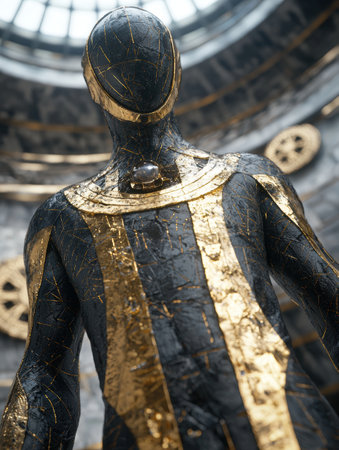 Mysterious futuristic warrior figure with golden accentsの素材