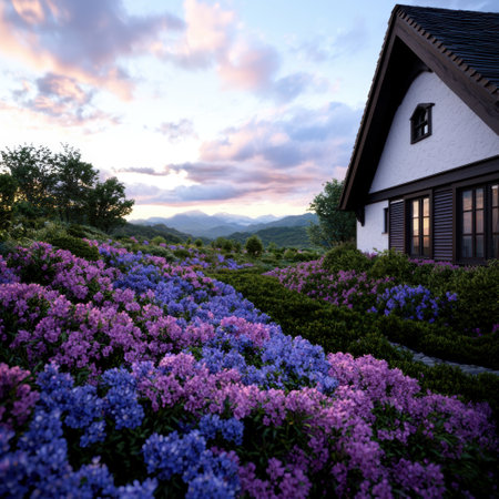 Idyllic mountain cottage surrounded by vibrant purple flowersの素材