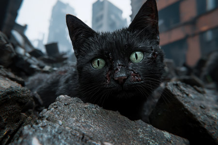 Intense gaze of a black cat in a dark, urban environmentの素材