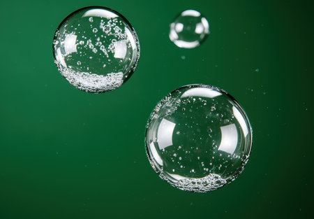 Floating glass bubbles on green backgroundの素材