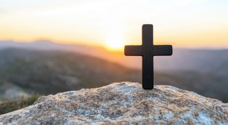 wooden cross on rocky mountain at sunsetの素材
