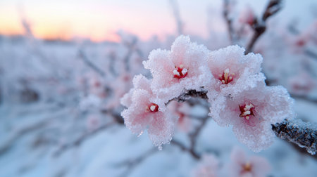 Delicate pink flowers covered in snow at sunsetの素材