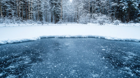Serene frozen lake in snowy forestの素材