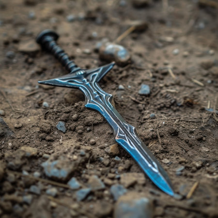 Ornate medieval sword stuck in the dirtの素材