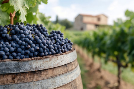 Ripe grapes in a wooden barrel at a vineyardの素材
