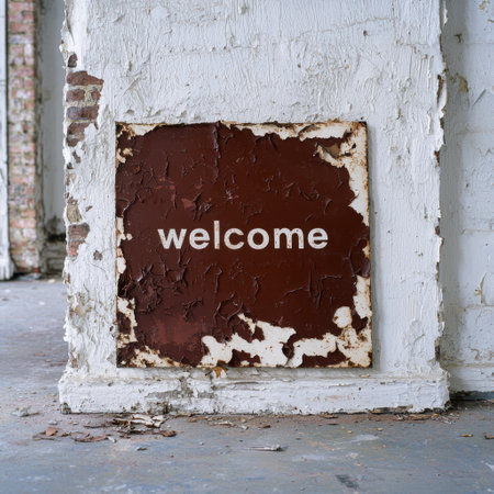 Weathered welcome sign on old buildingの素材