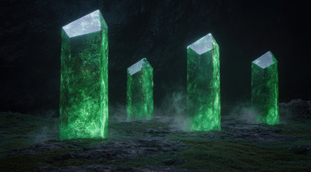 Glowing green crystal monoliths in a dark, foggy landscapeの素材
